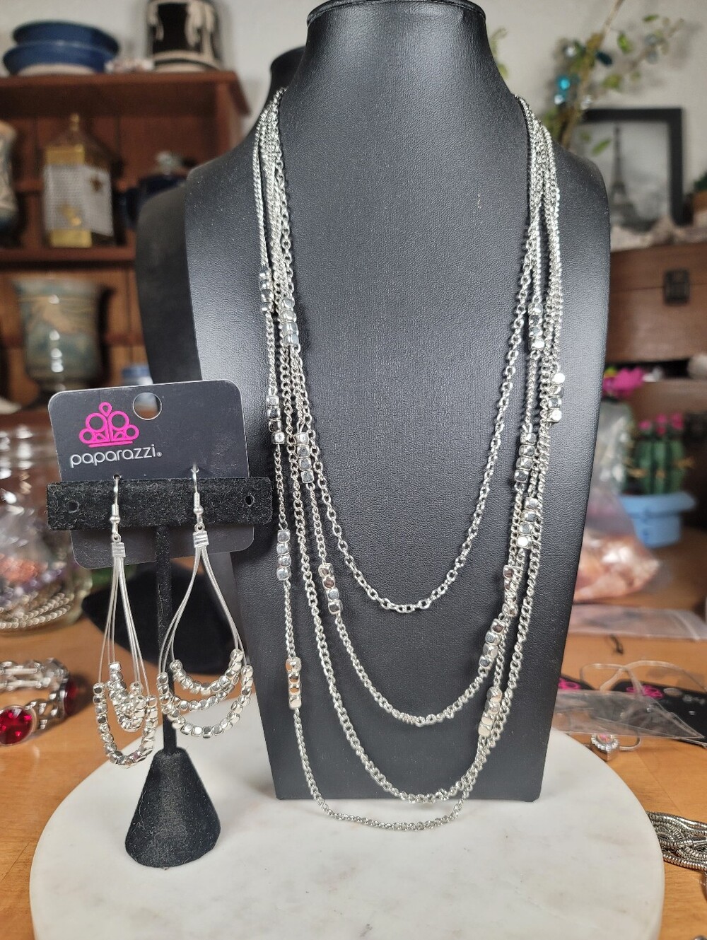 paparazzi Silver Multi-Strand Beaded Necklace with Hoop Earrings